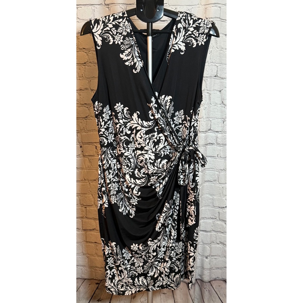 INC International Concepts Black White Damask Faux Wrap Dress XL Sleeveless